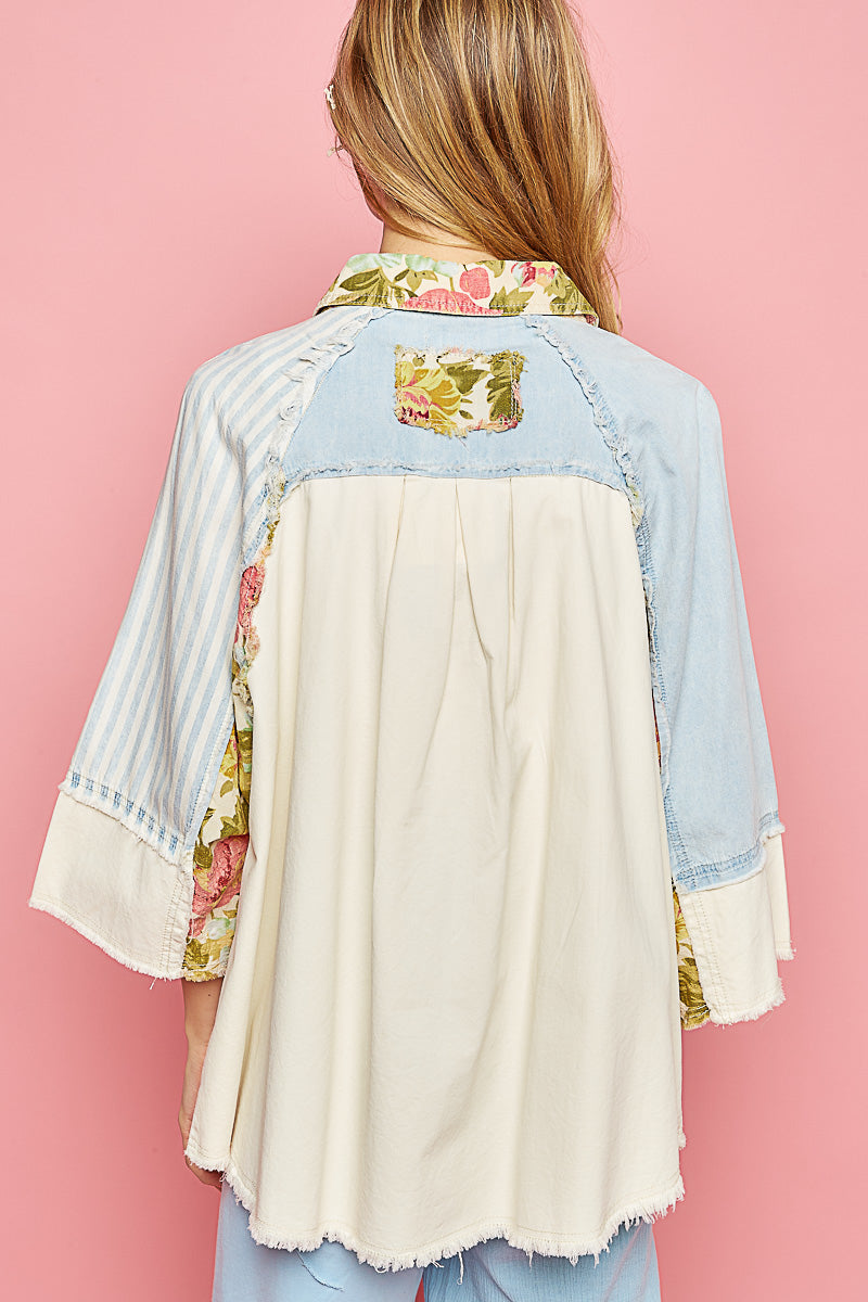 Denim and Printed Button Down Top
