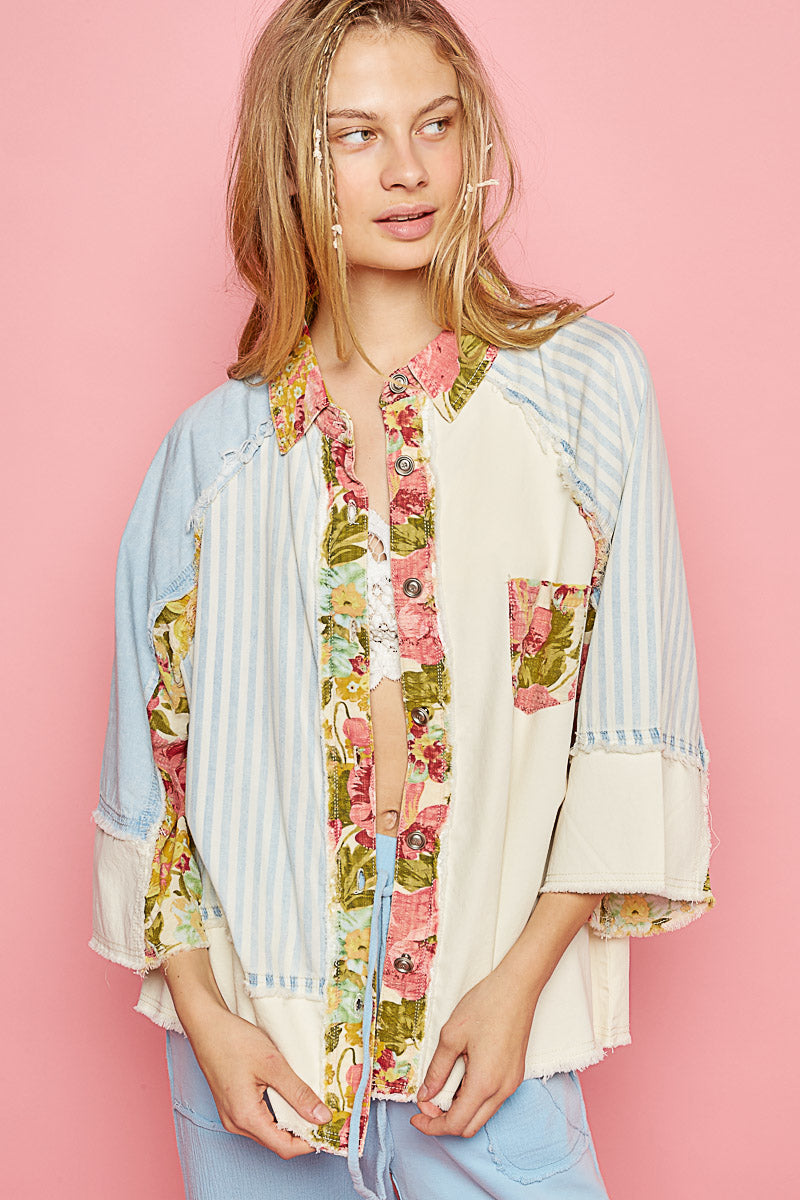 Denim and Printed Button Down Top