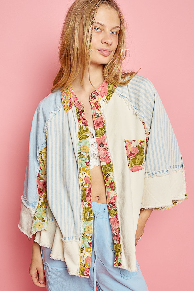 Denim and Printed Button Down Top