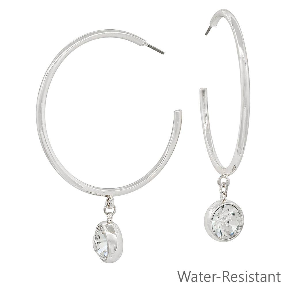 Water Resistant 2" Silver Hoop Earring with Circle Crystal Drop