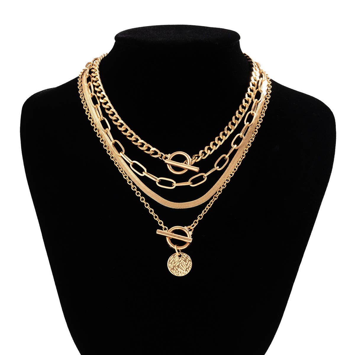 MULTI LAYER TOGGLE HERRINGBONE COIN NECKLACE | 40NK9651: GOLD