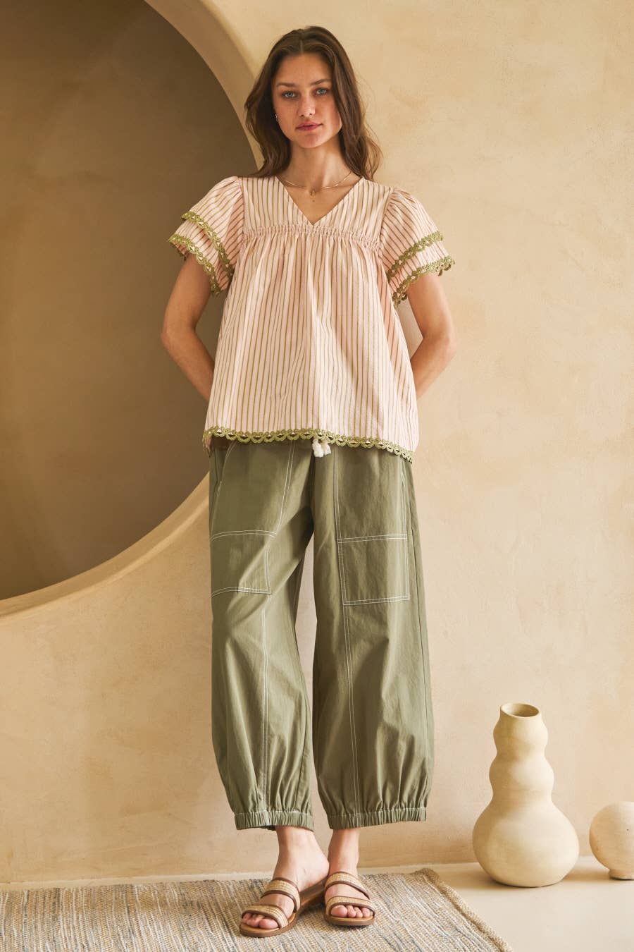 Textured Striped Fabric Flutter Sleeve Top