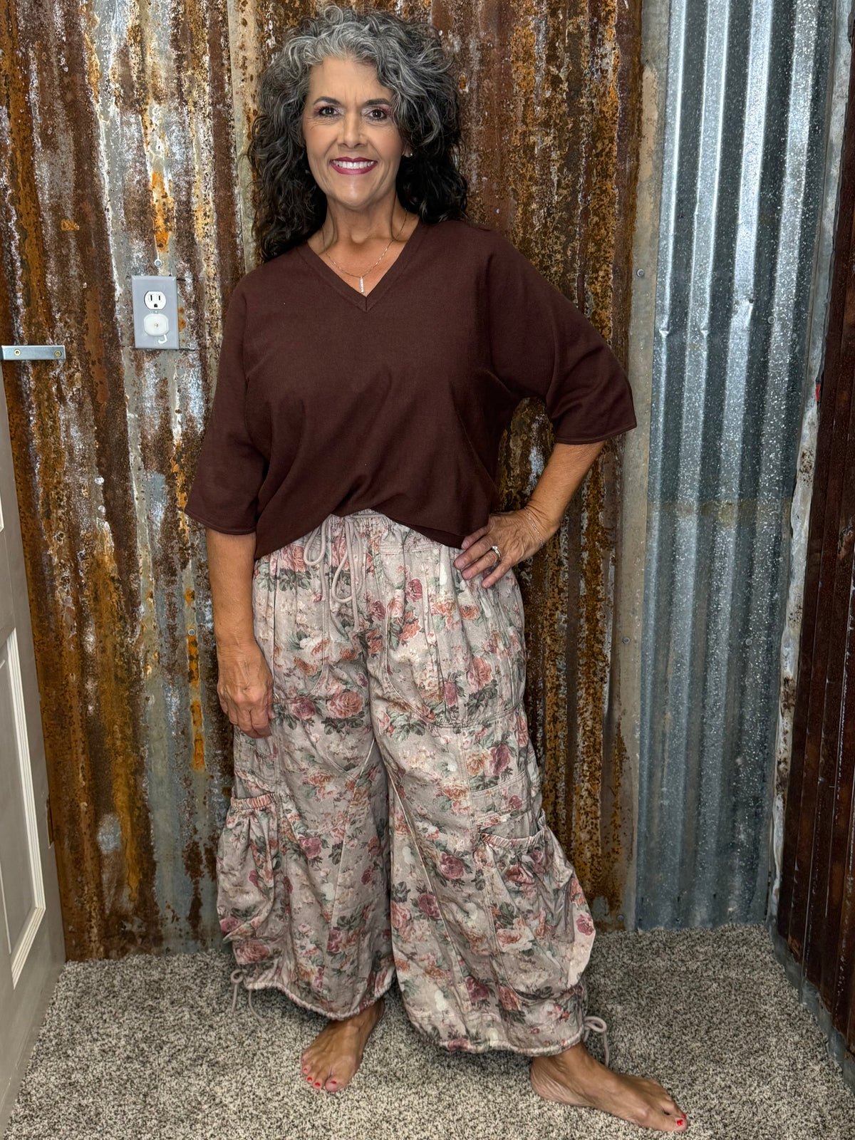 Jodifl Brown Drop shoulder v neck lightweight comfy sweater top.