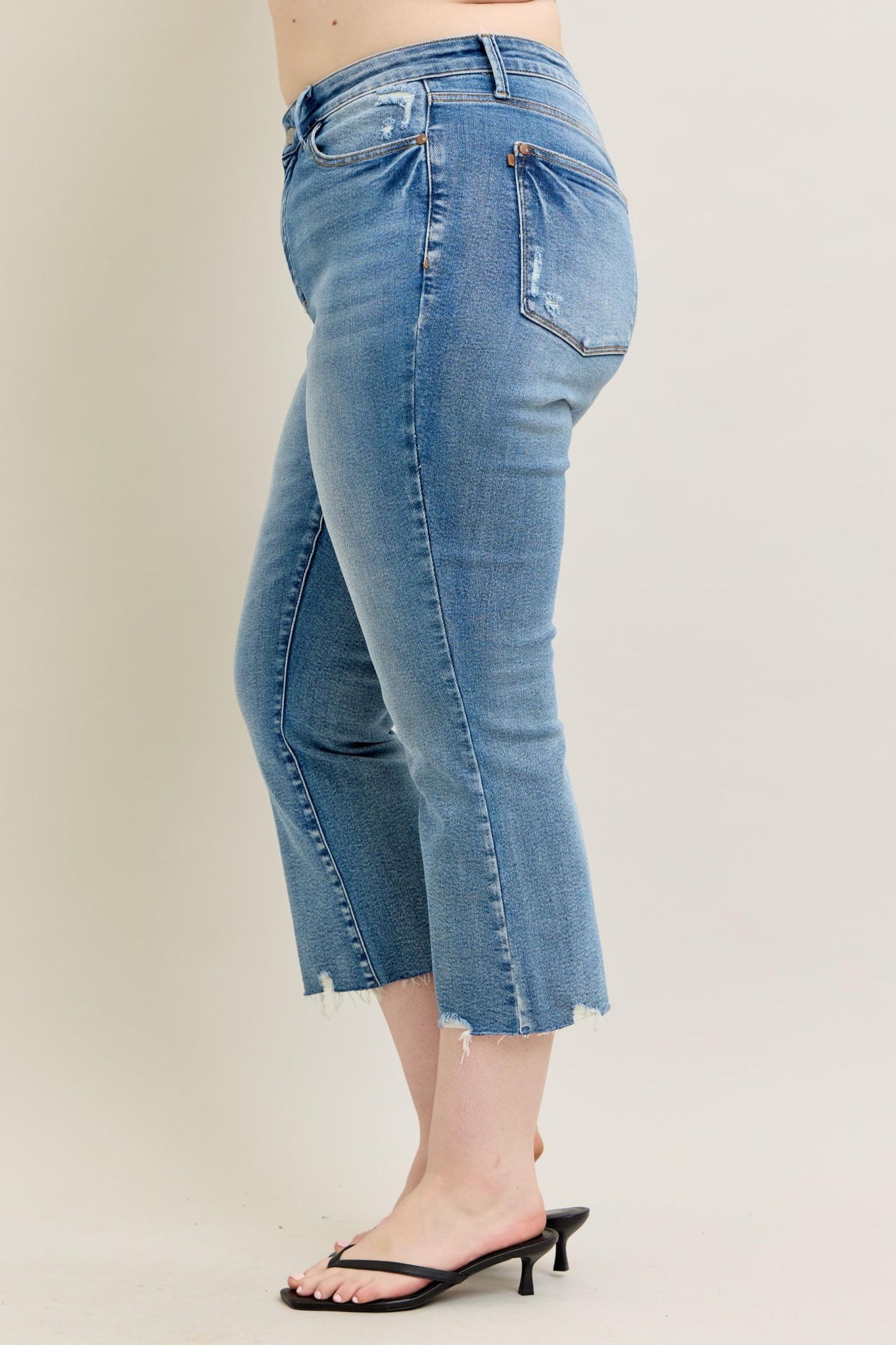 Judy Blue Mid Rise Vintage Wash Destroy Hem Kick Flare Jeans 88979