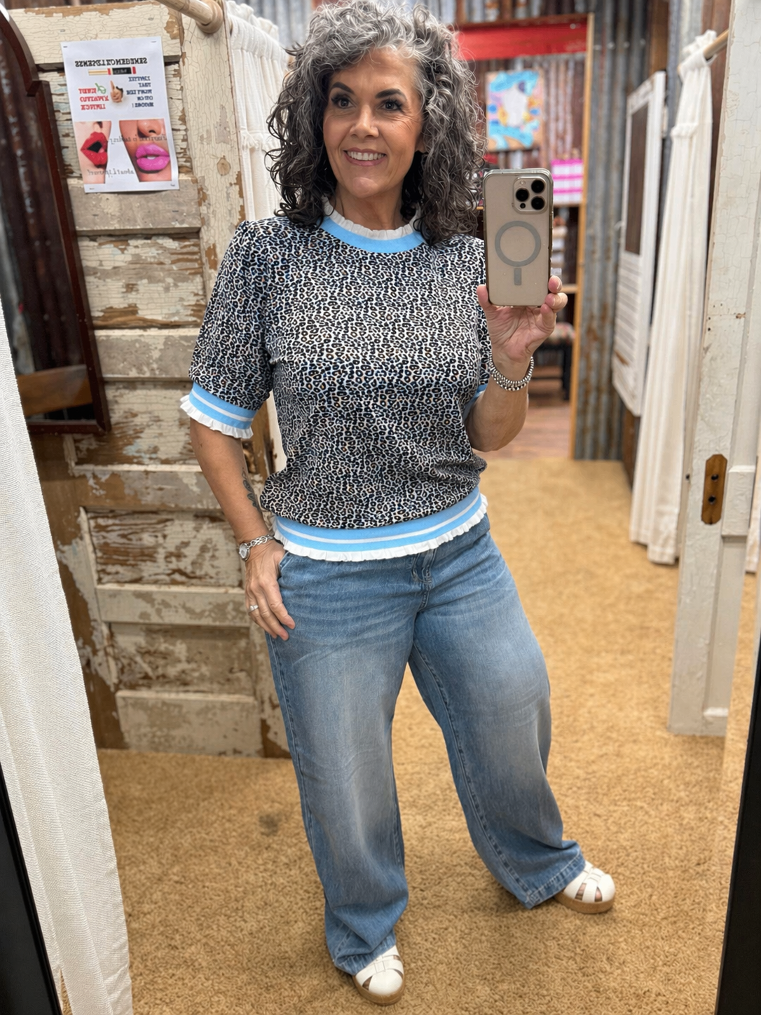 Blue Leopard Print Knit Top with Contrast Trim