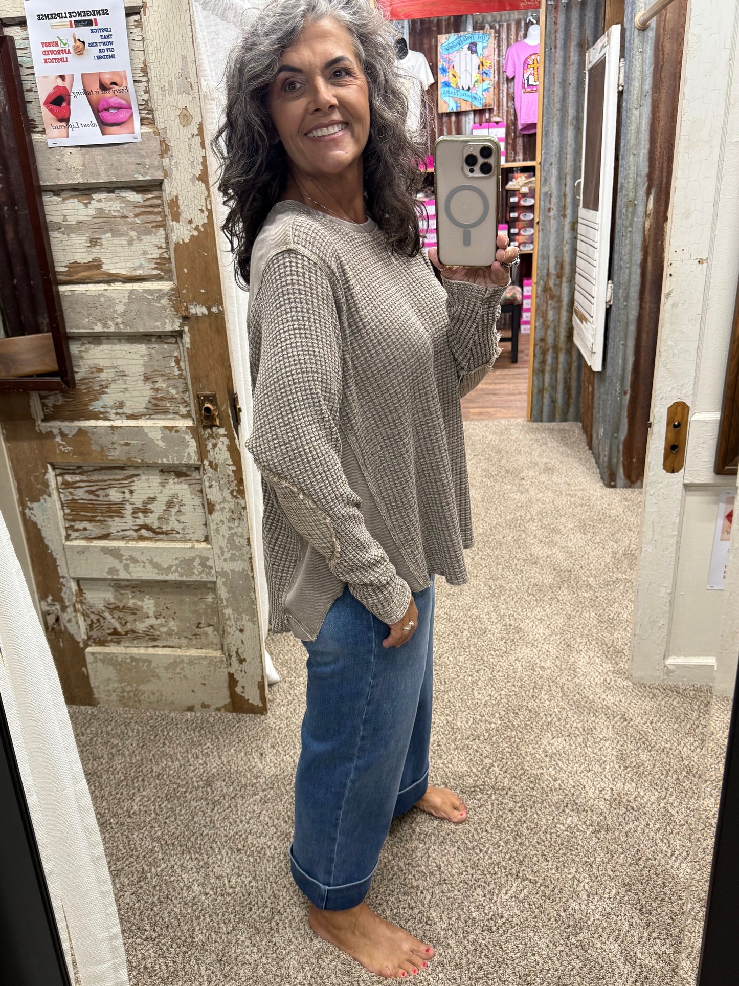 EASEL MOCHA WASHED THERMAL WAFFLE KNIT TOP