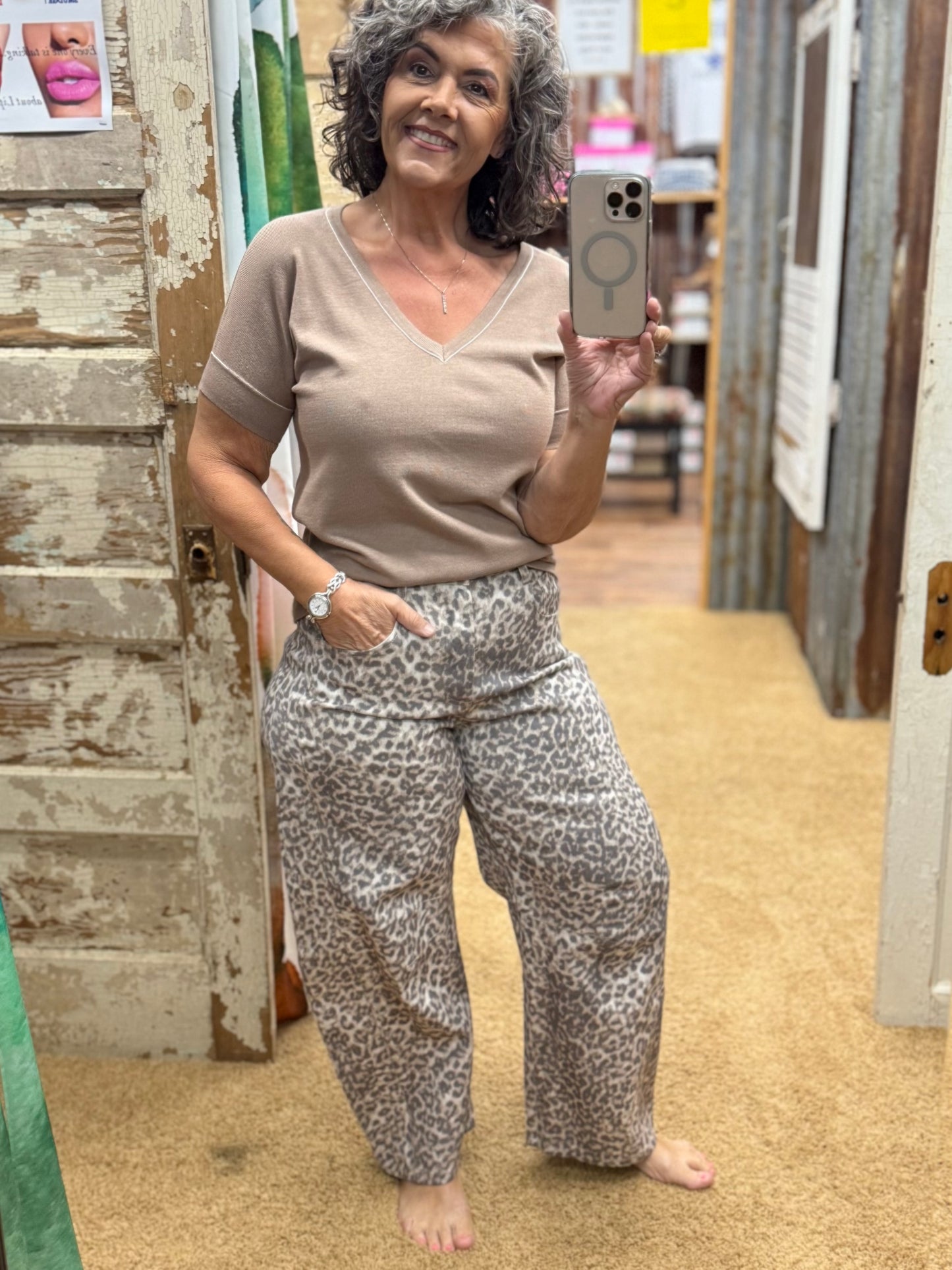 Leopard Print Stitch Detail Barrel Jeans