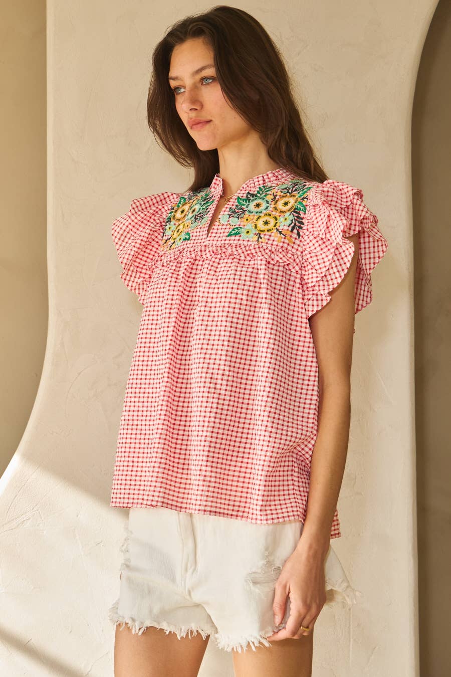 Red Seersucker Checkered Printed Top