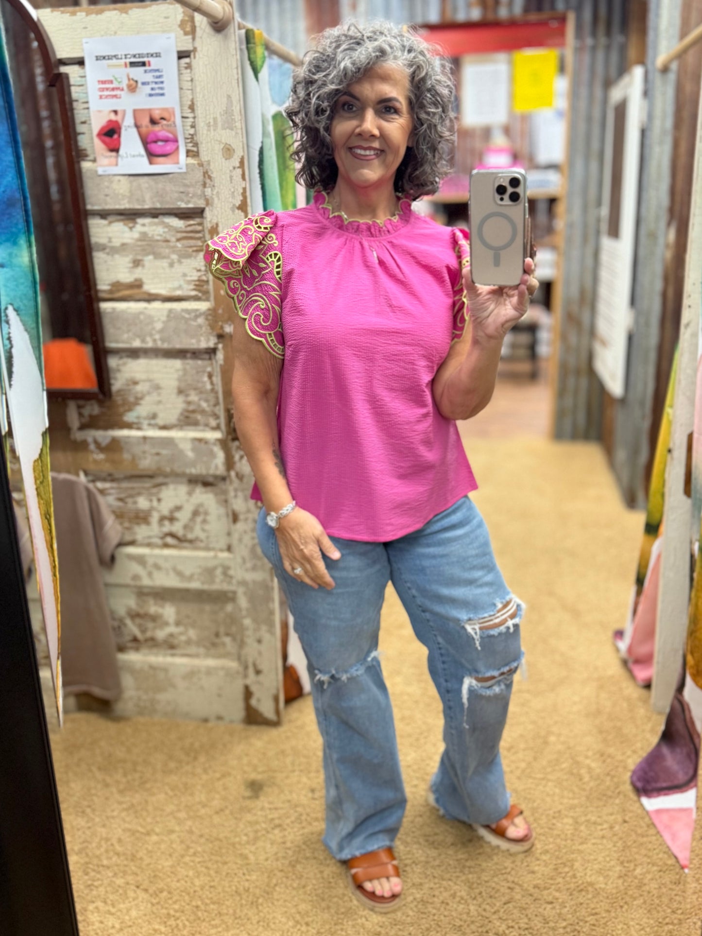 Hot Pink Embroidered Flutter Sleeve Blouse
