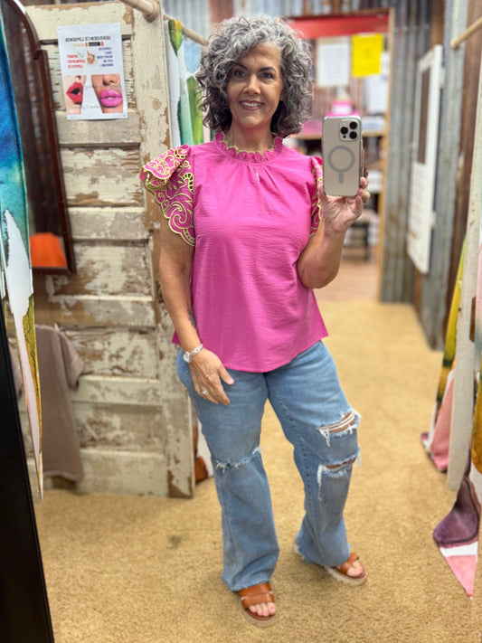 Hot Pink Embroidered Flutter Sleeve Blouse