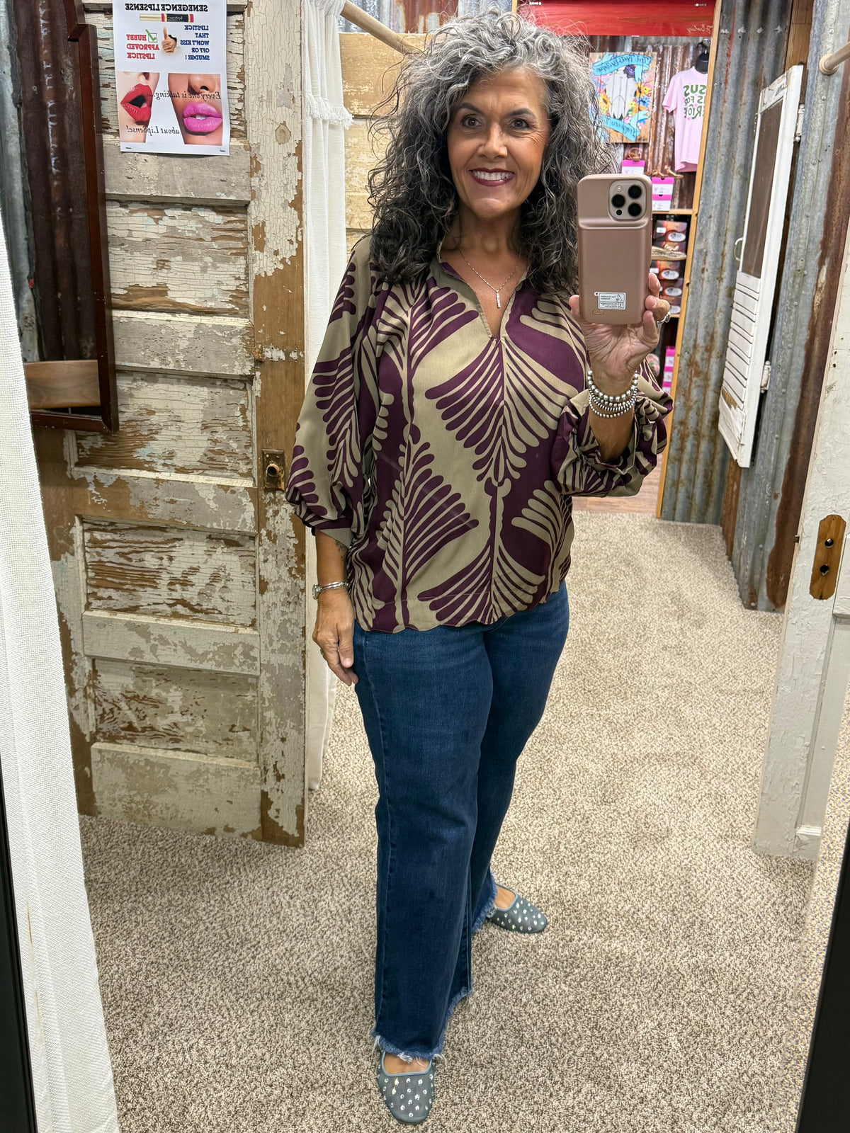 UMGEE Plum Abstract Leaf Print V-Neck Balloon Sleeve Blouse