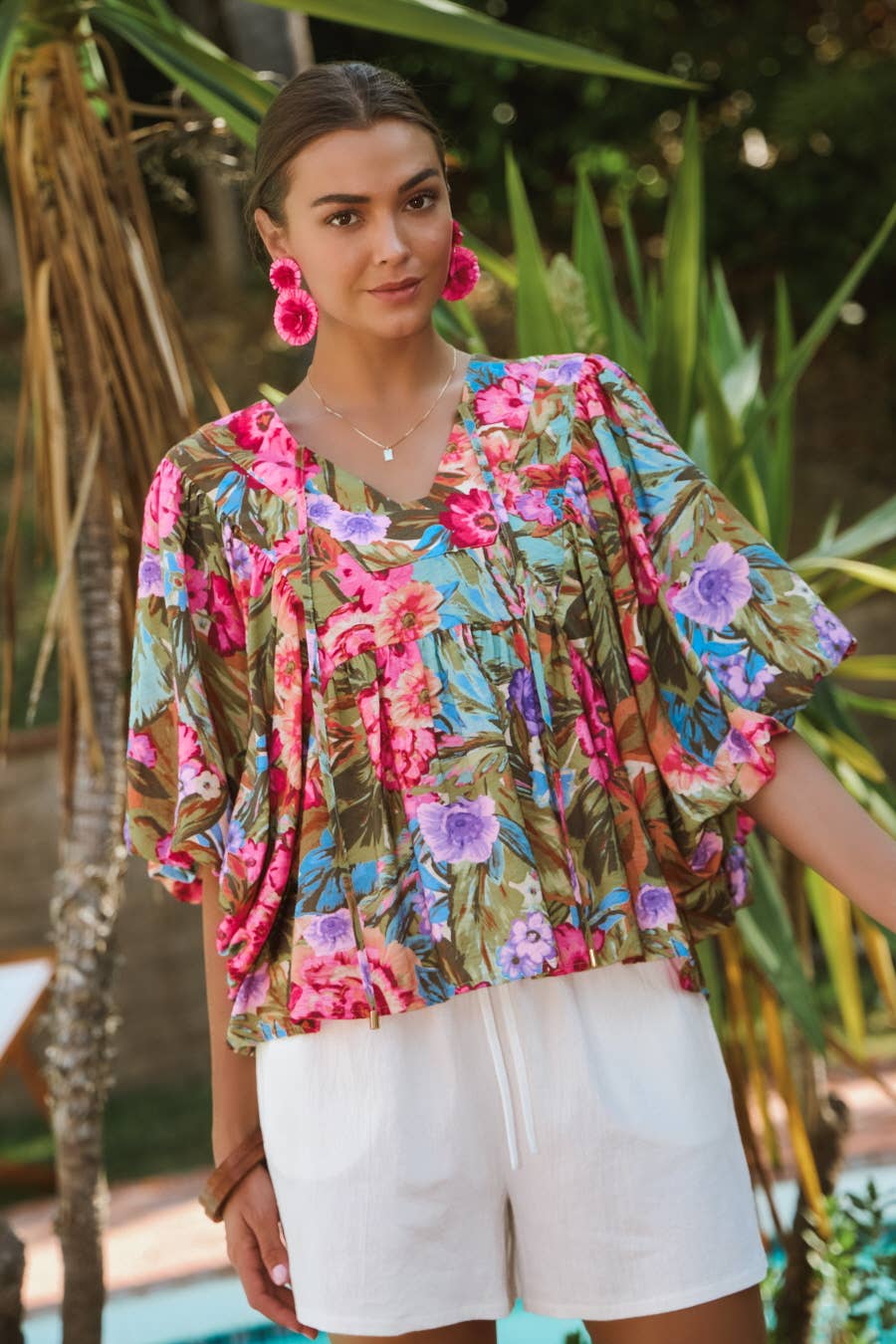 Printed Blouse With Wide Bubble Sleeve