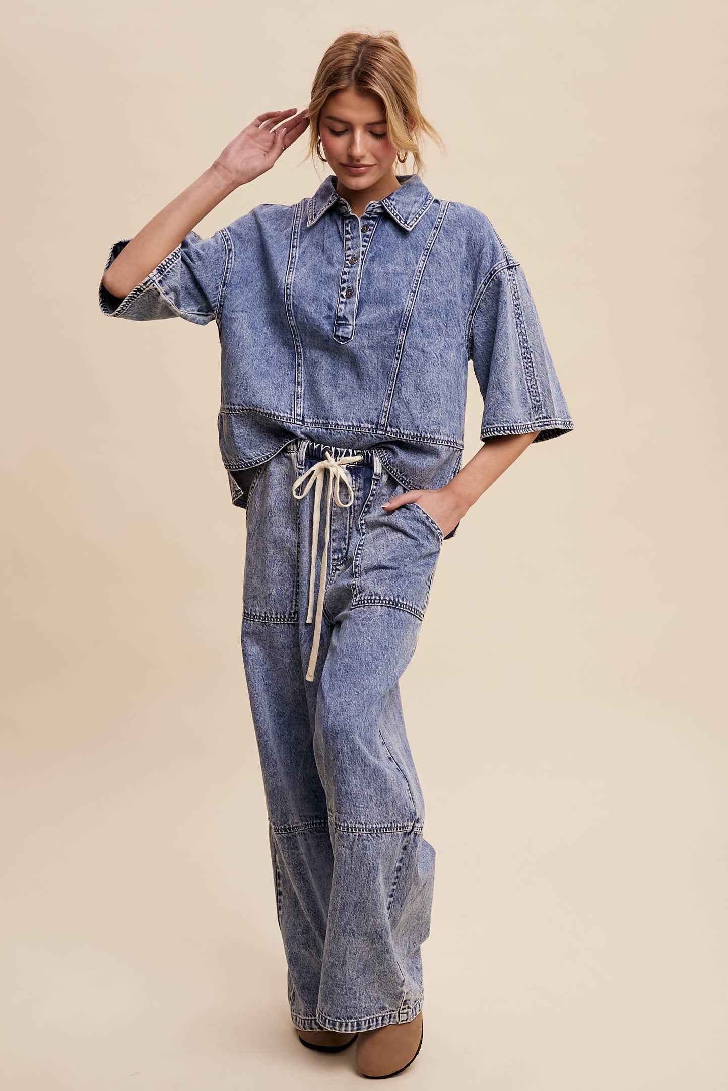 Wide-Leg Denim Drawstring Pants