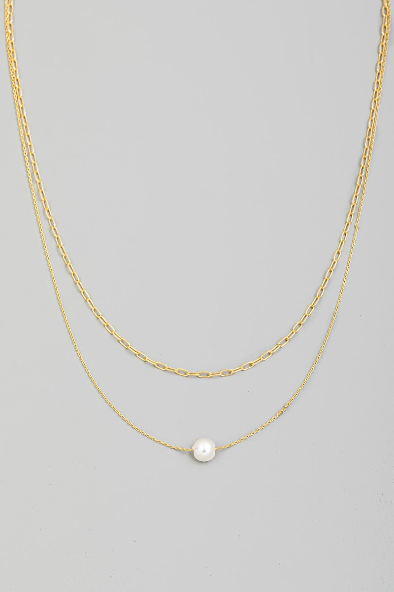 Single Pearl Charm Layered Gold Chain Necklace