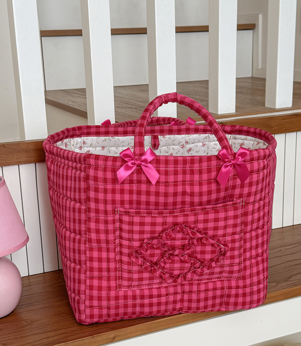 Rose Red Gingham Laundry Basket Foldable Quilted Storage Basket