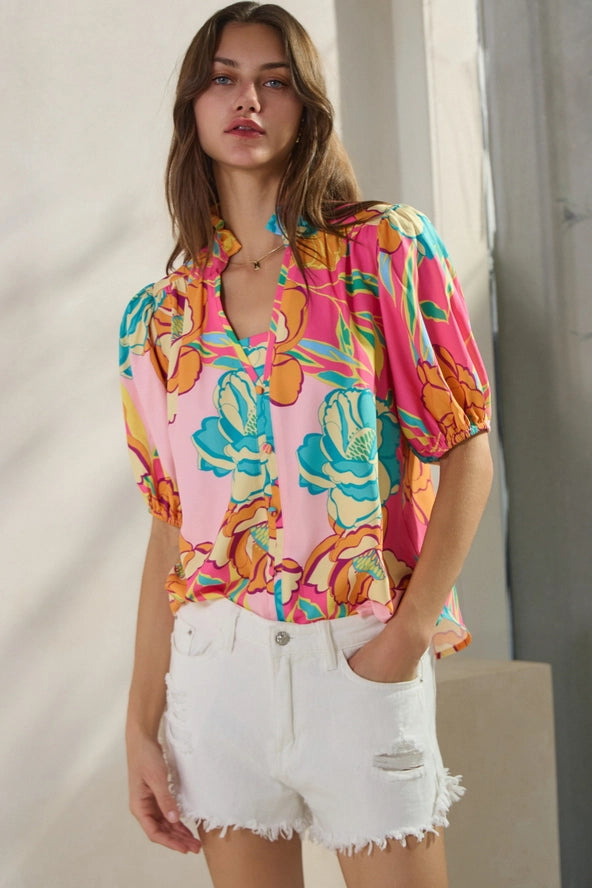 Floral Printed Ruffle Sleeve Blouse (curvy has 3/4 sleeve)