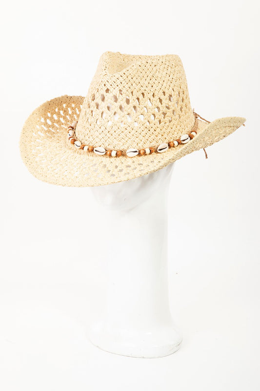 Shell Bead Rope Strap Ivory Straw Hat