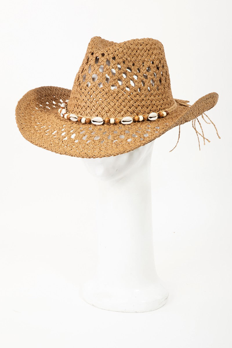 Shell Bead Rope Strap Tan Straw Hat