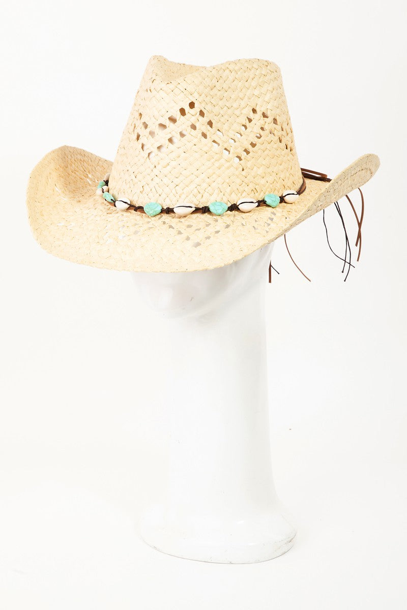 Shell Turquoise Bead Rope Strap Ivory Straw Hat