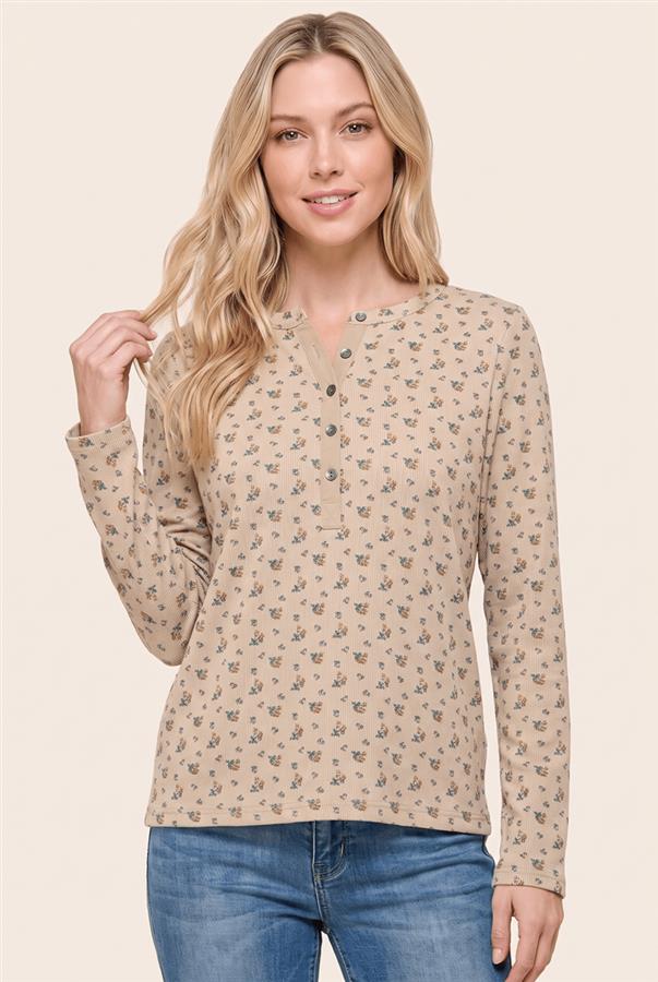 Staccato Floral Print Ribbed Henley Top - Beige