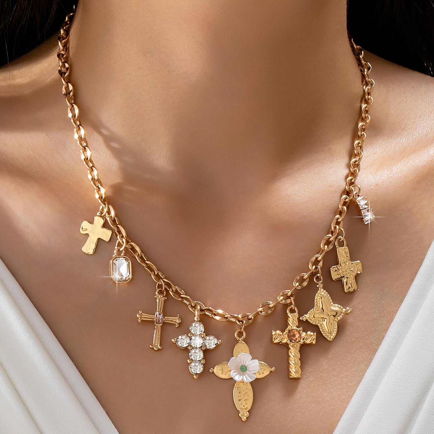 Charm Necklace - Multi-Cross Crystal Charm | 80N92856: Gold