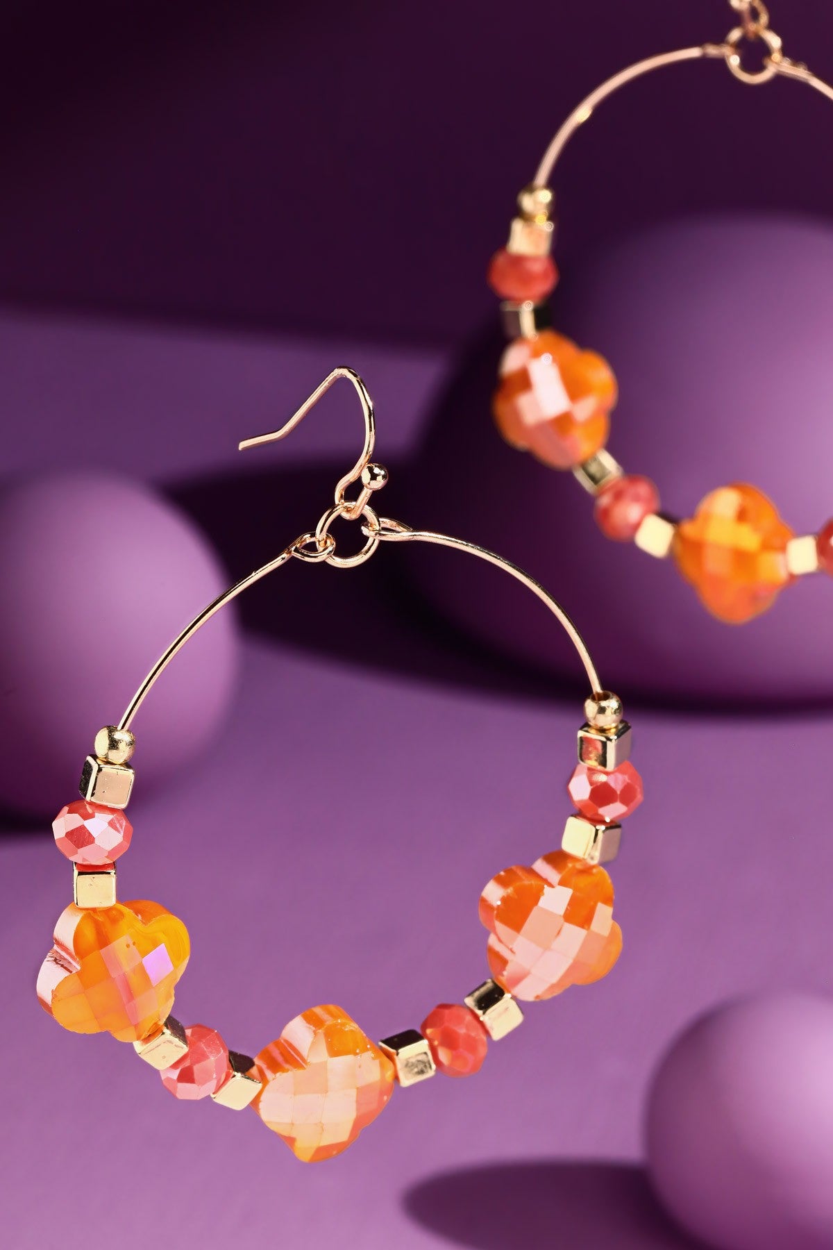 Orange Clover Bead Wire Hoop Earrings