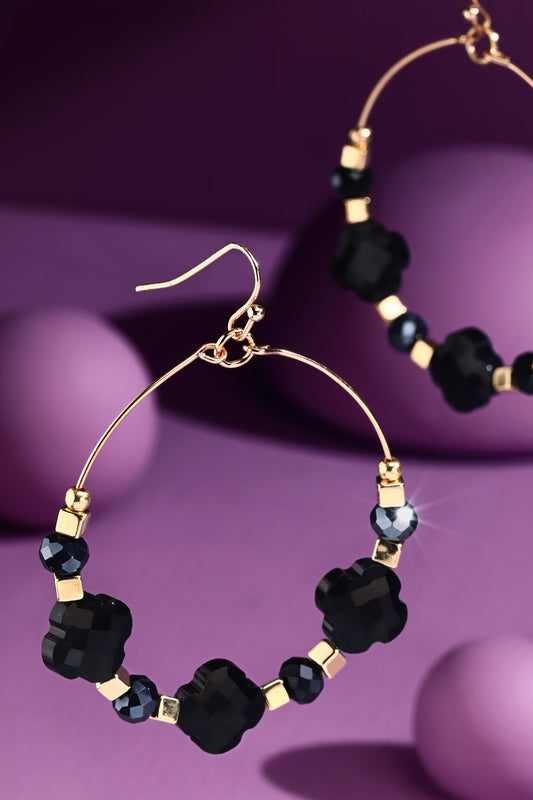 Black Clover Bead Wire Hoop Earrings