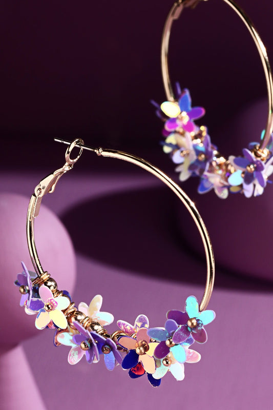 Lavender Sequin Flower Hoop Earrings