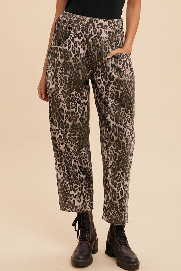 TAUPE LEOPARD LOOSE FIT BARREL LEG PANTS