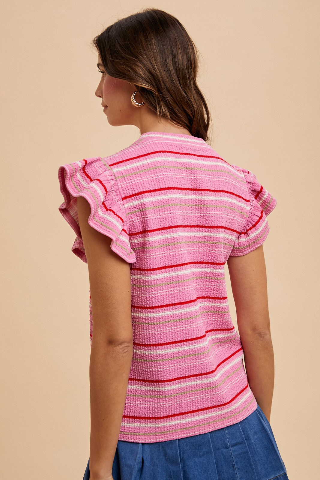 MULTI STRIPE RUFFLE SLEEVE TEXTURED KNIT TOP