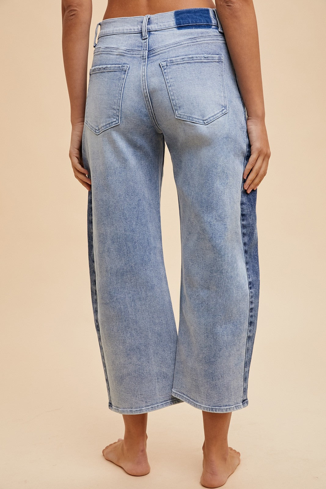 Two Tone Side Panel Stretch Barrel Leg Crop Jean