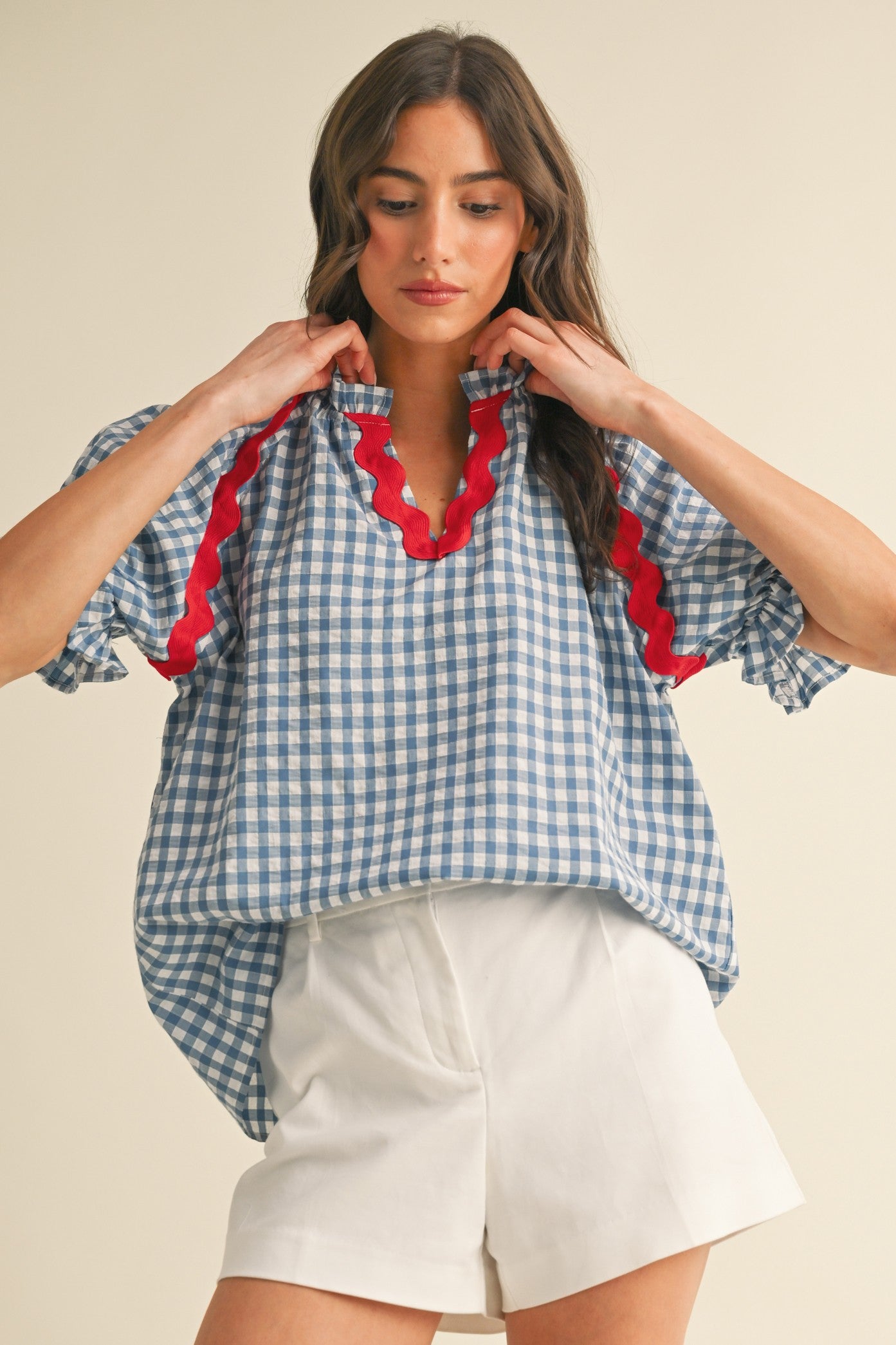 Ric-rac Trimmed BLUE Gingham Check Puff Sleeve Blouse