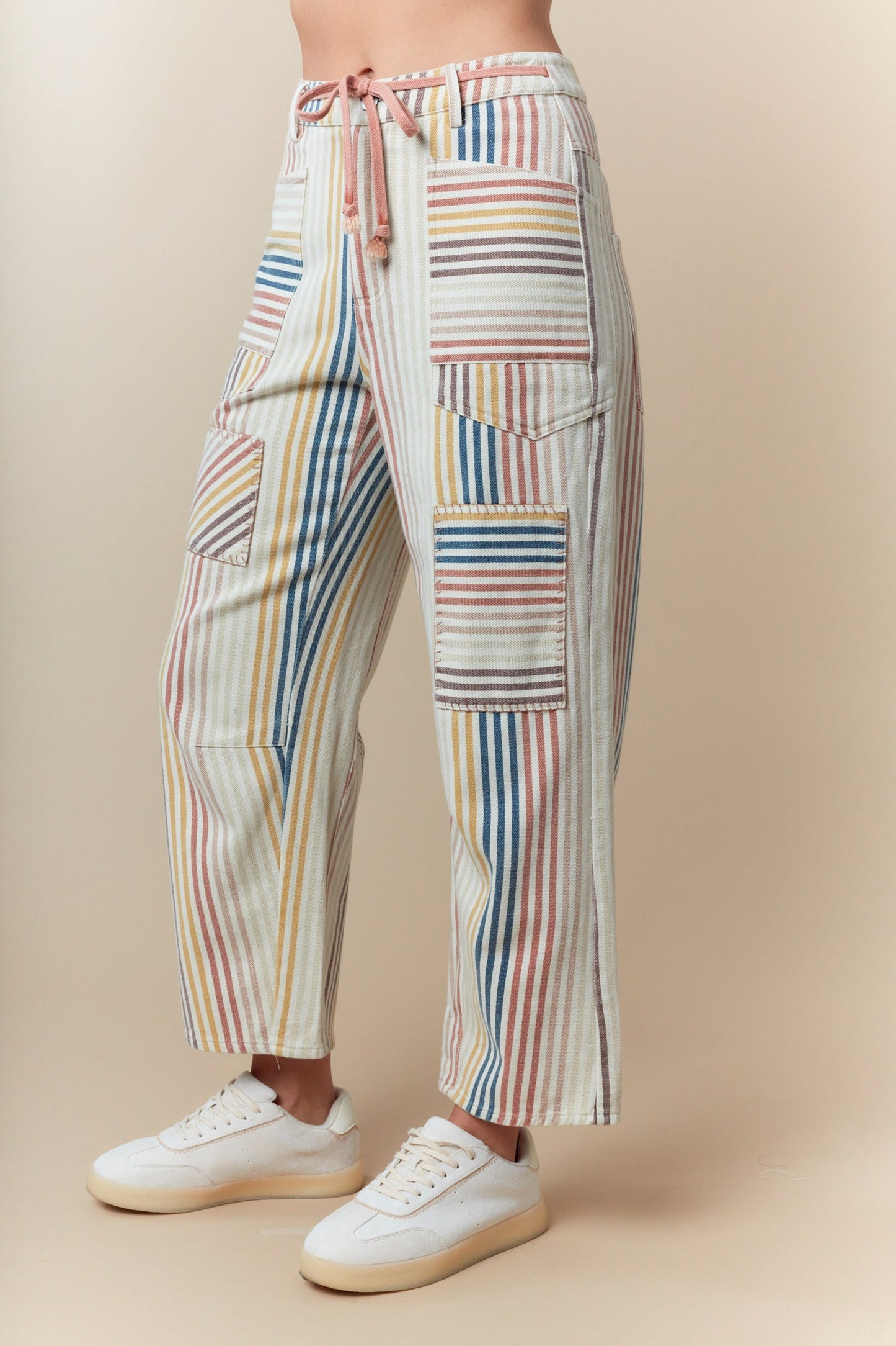 Multi Pin Stripe Washed Twill Barrel Jeans