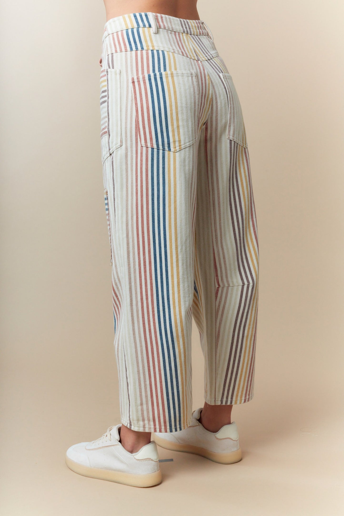 Multi Pin Stripe Washed Twill Barrel Jeans