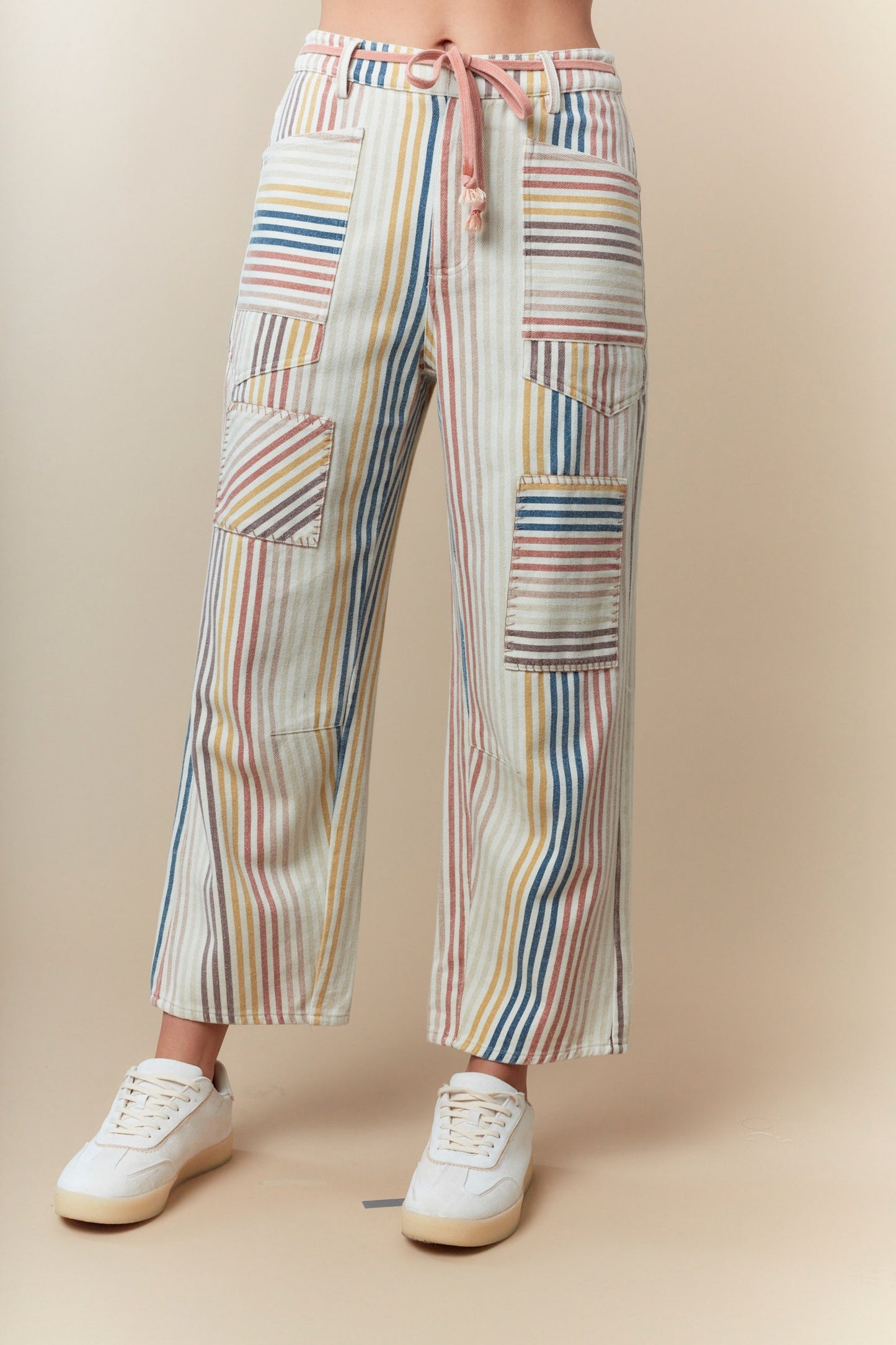 Multi Pin Stripe Washed Twill Barrel Jeans