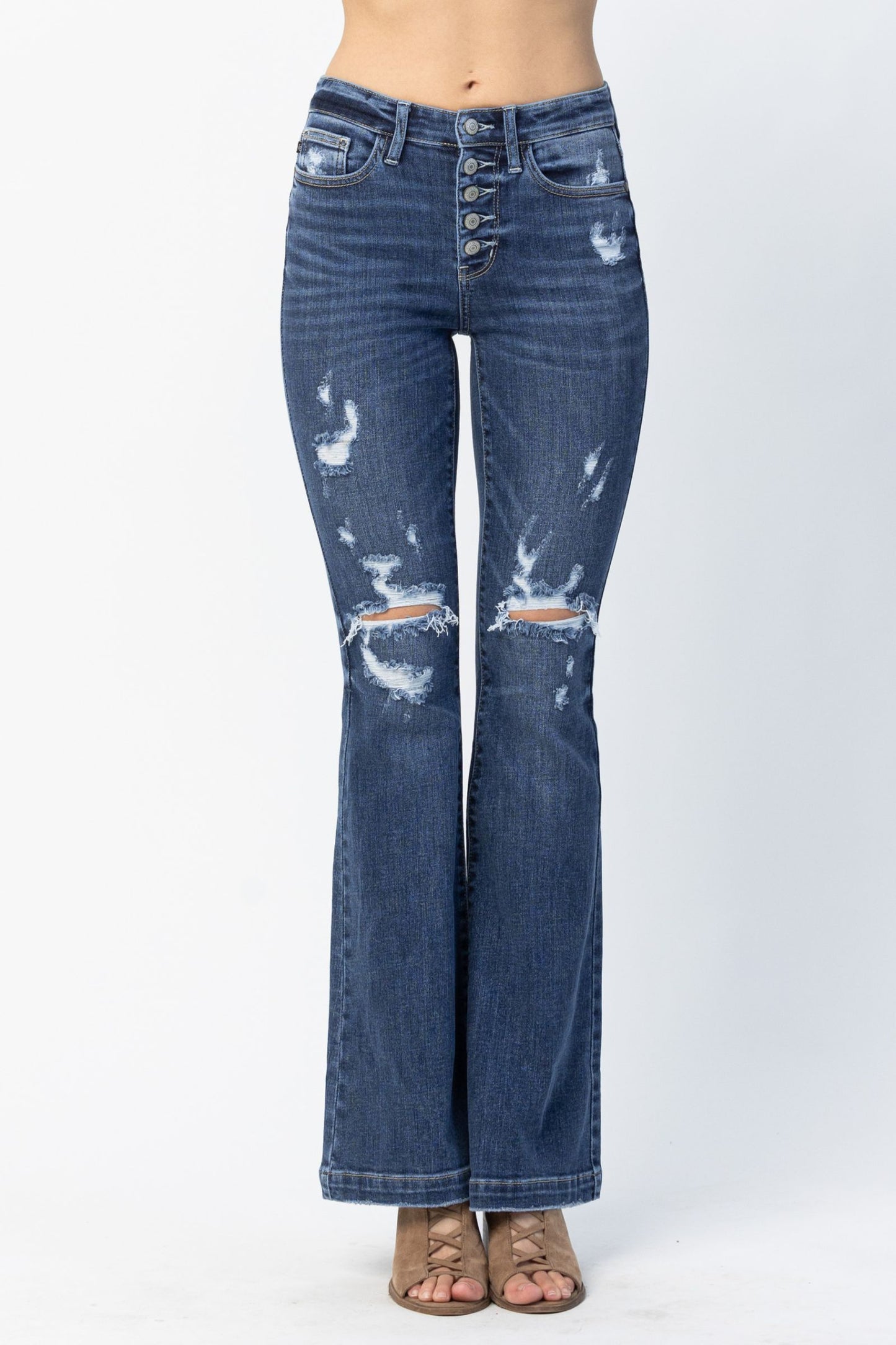Sale* Judy Blue Mid Rise Button Fly Trouser Distressed Flare 82430