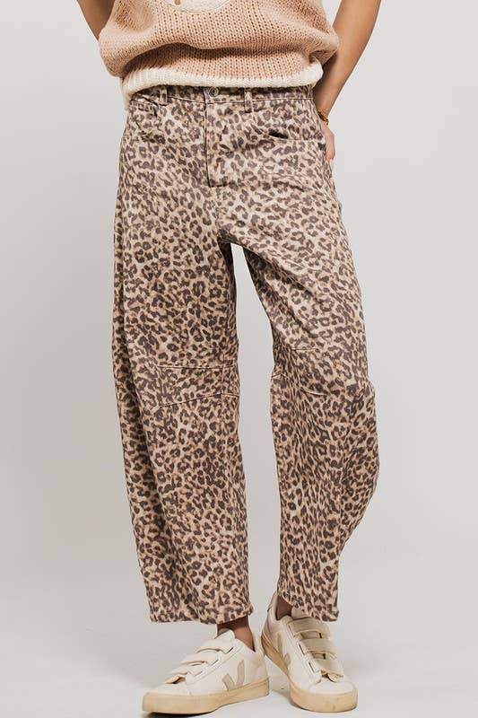 Leopard Print Stitch Detail Barrel Jeans