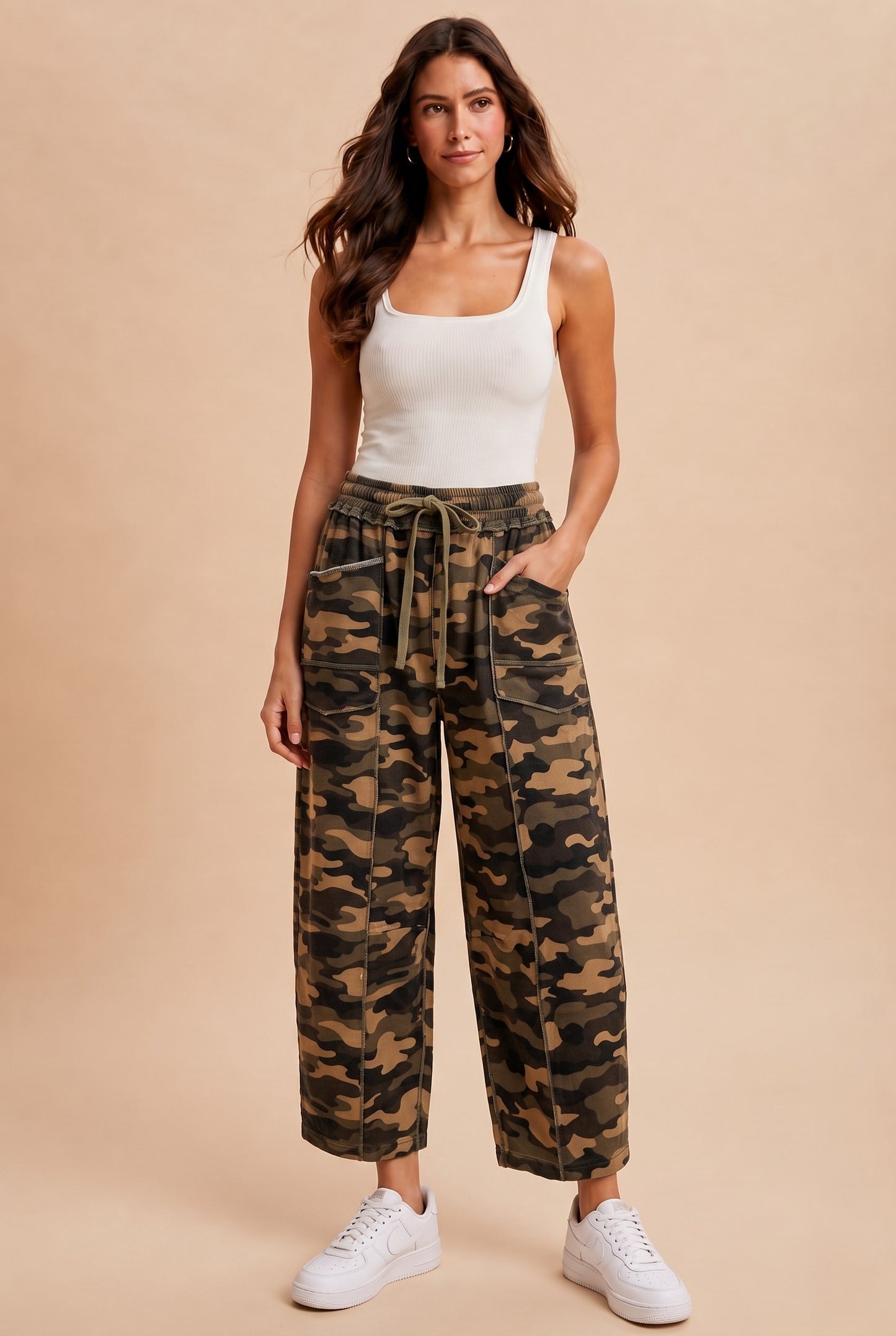Camoflauge Printed Barrel Fit Utility Knit Pants