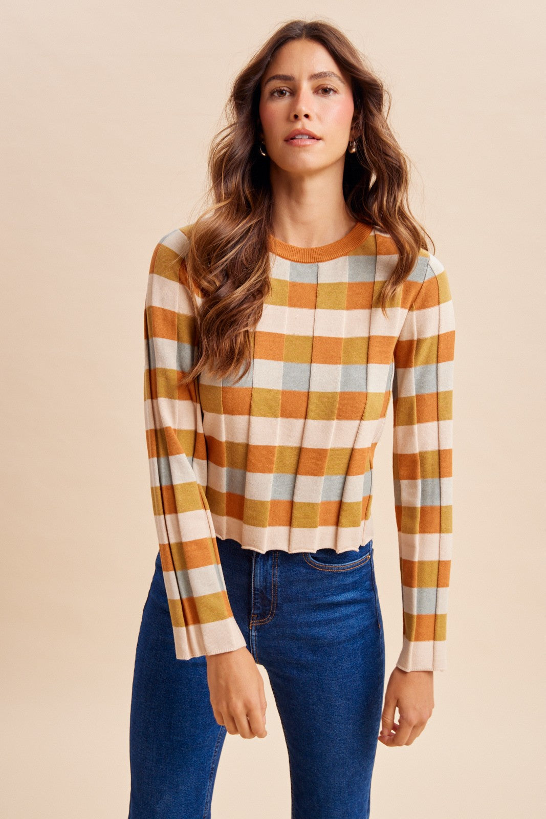 AnnieWear Rust Multi Color Check Wide Sleeve Sweater