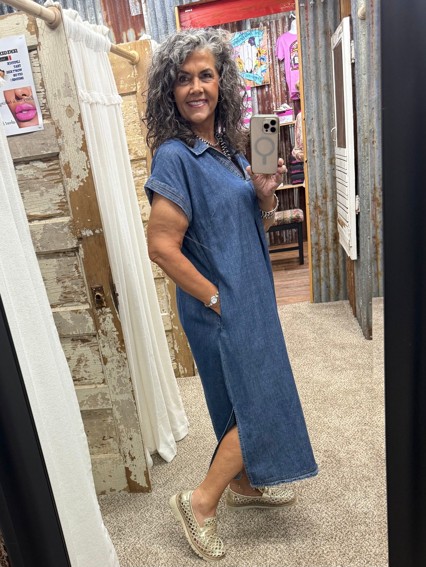 UMGEE Denim Stone Washed Collared Denim Midi Dress