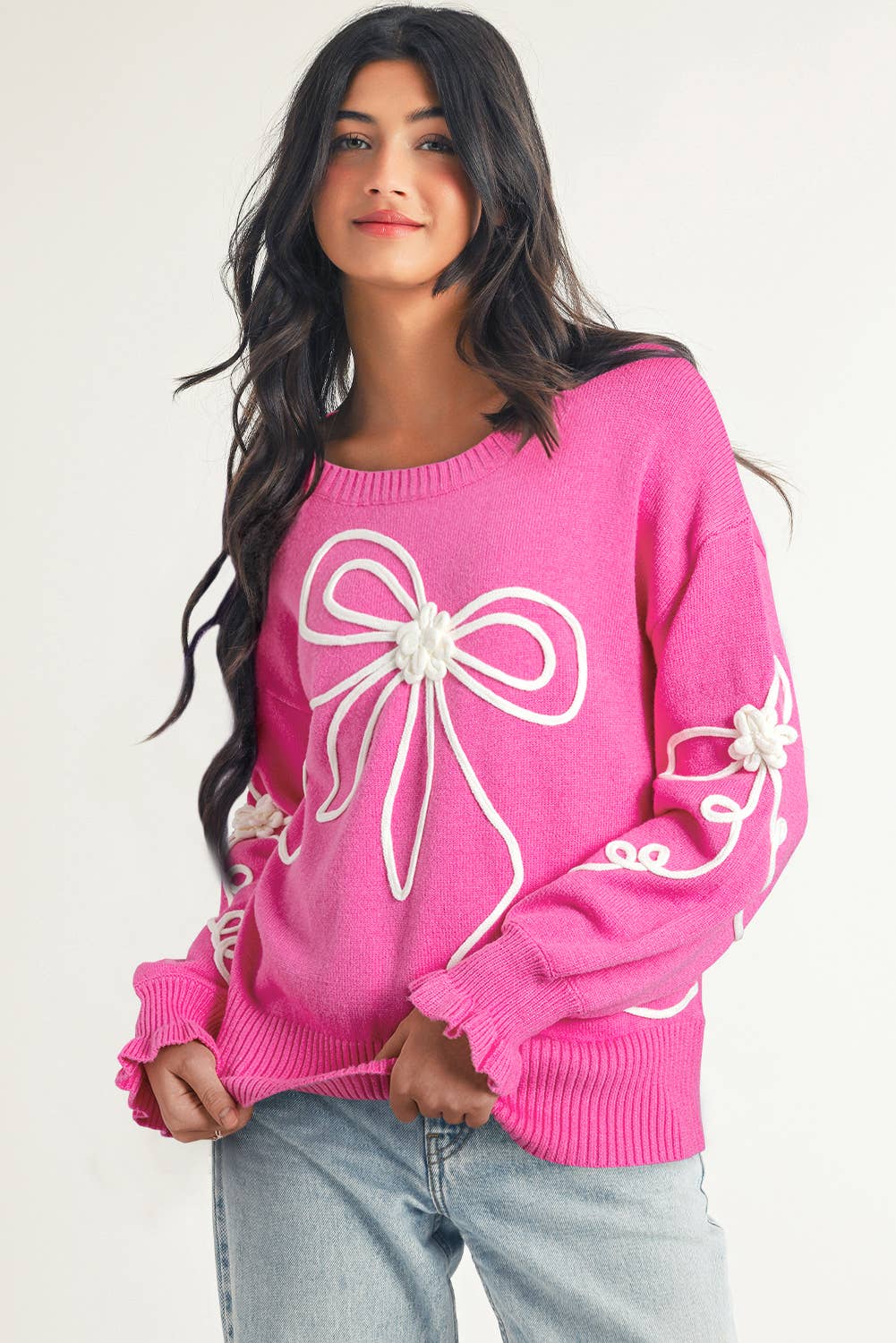 Pink Corded Flower Bow Sweater