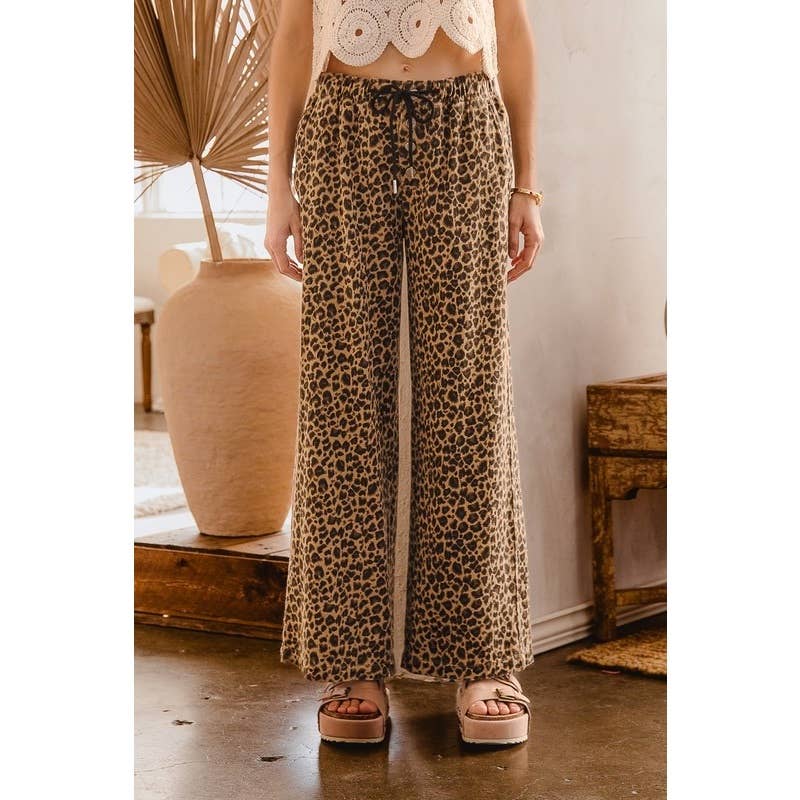 WIDE LEG LEOPARD TWILL PANTS WITH DRAWSTRING