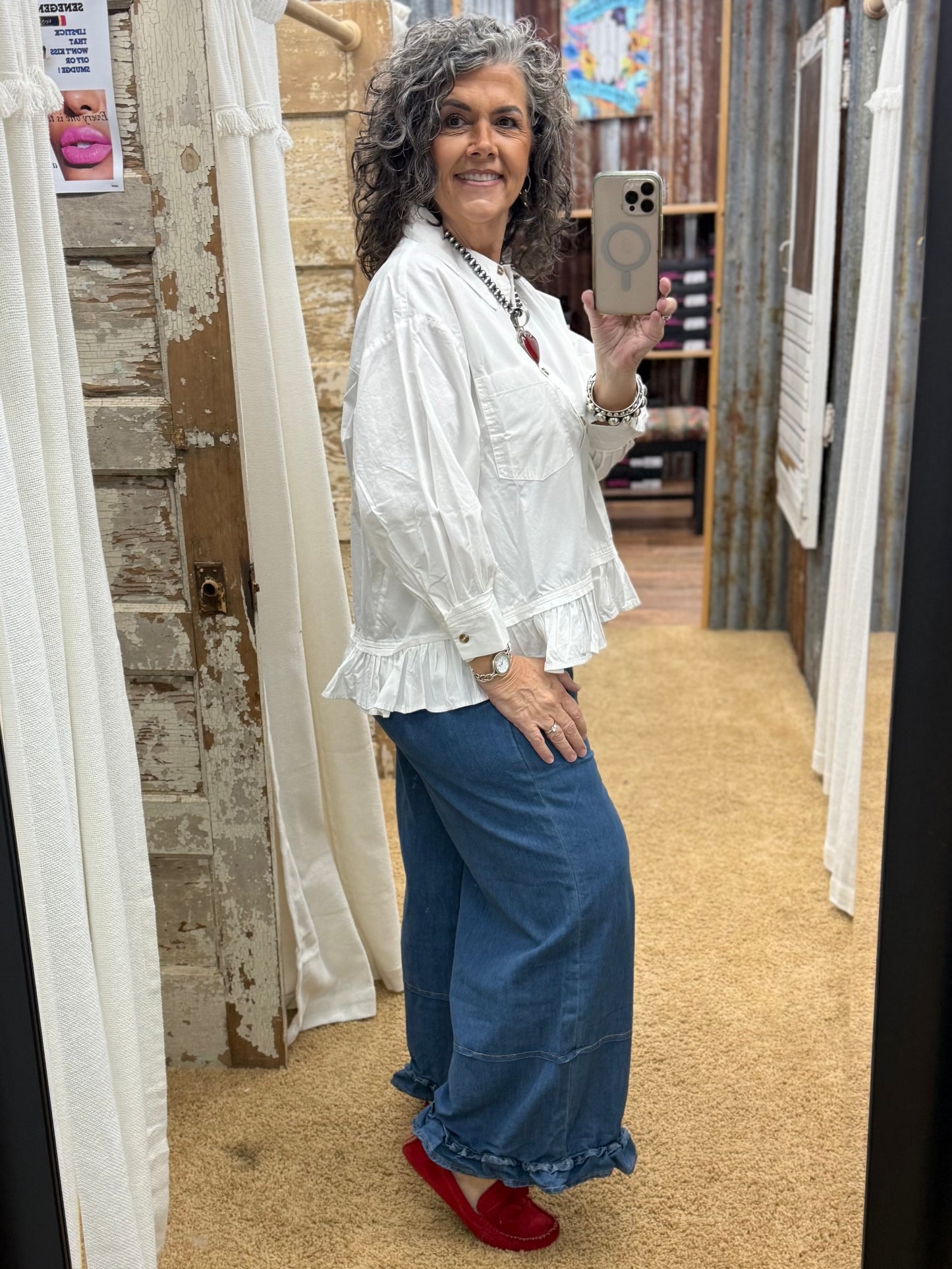 WHITE BUTTON DOWN WASHED COTTON POPLIN TOP