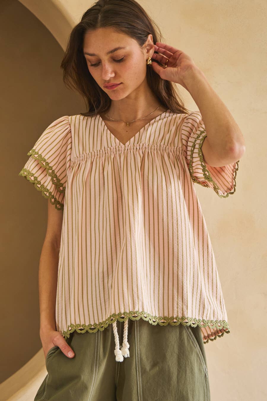 Textured Striped Fabric Flutter Sleeve Top