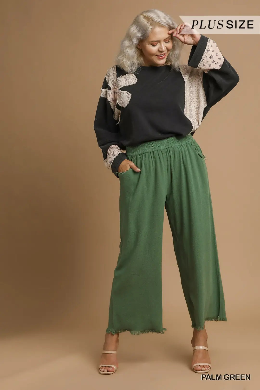 UMGEE Palm Green Frayed Hem Wide-Leg Pants