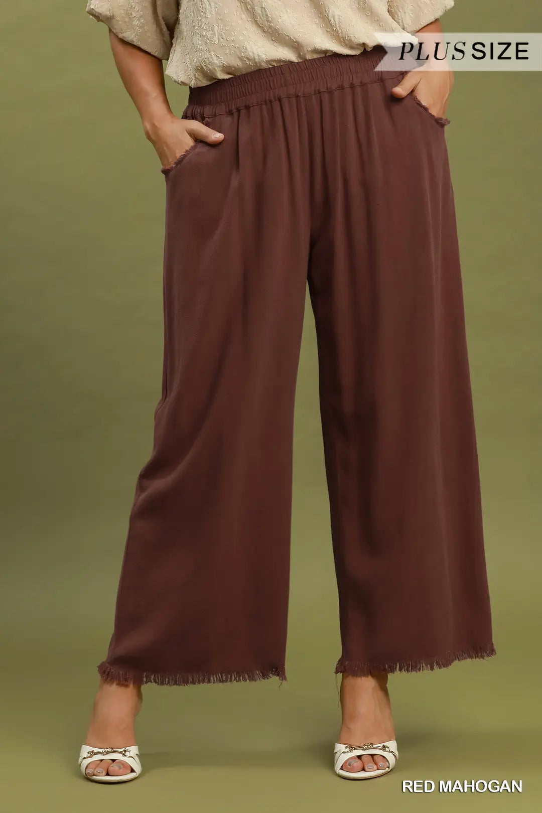 UMGEE Red Mahogany Frayed Hem Wide-Leg Pants
