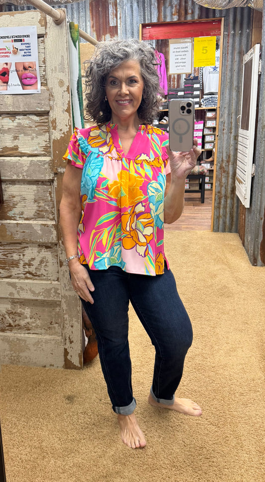 Floral Printed Ruffle Sleeve Blouse (curvy has 3/4 sleeve)