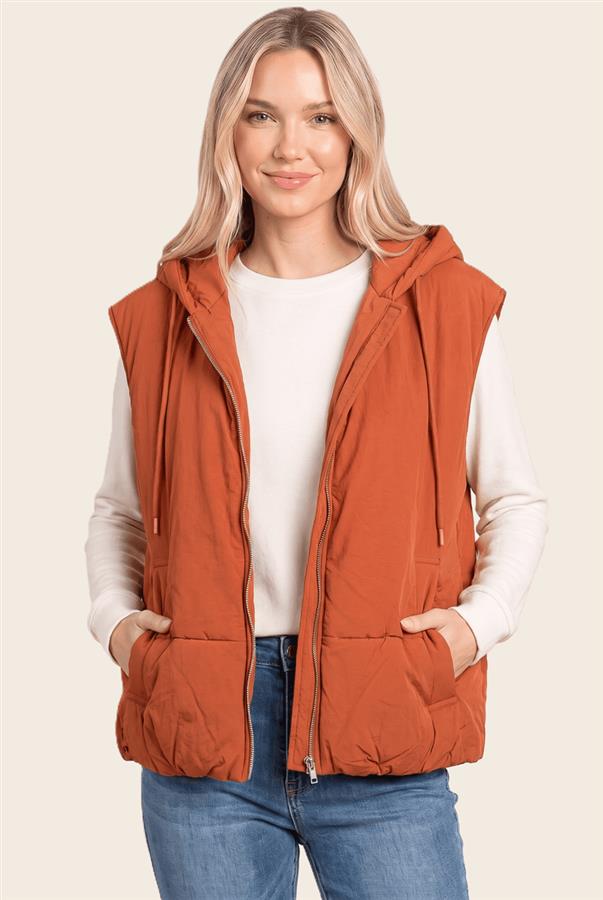 Staccato Hooded Bubble Puffer Vest - Rust
