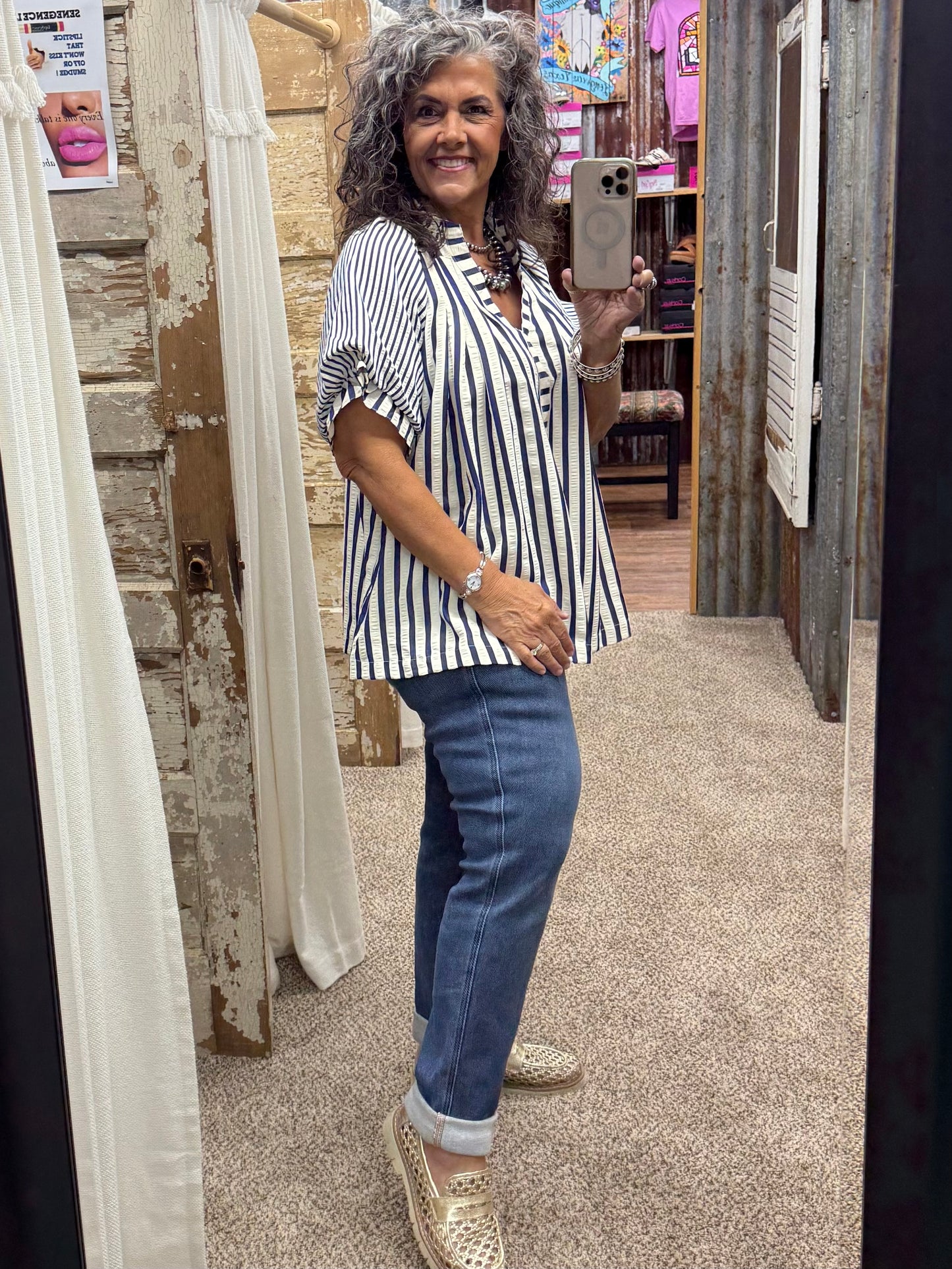 UMGEE Blue Striped V-Neck Top