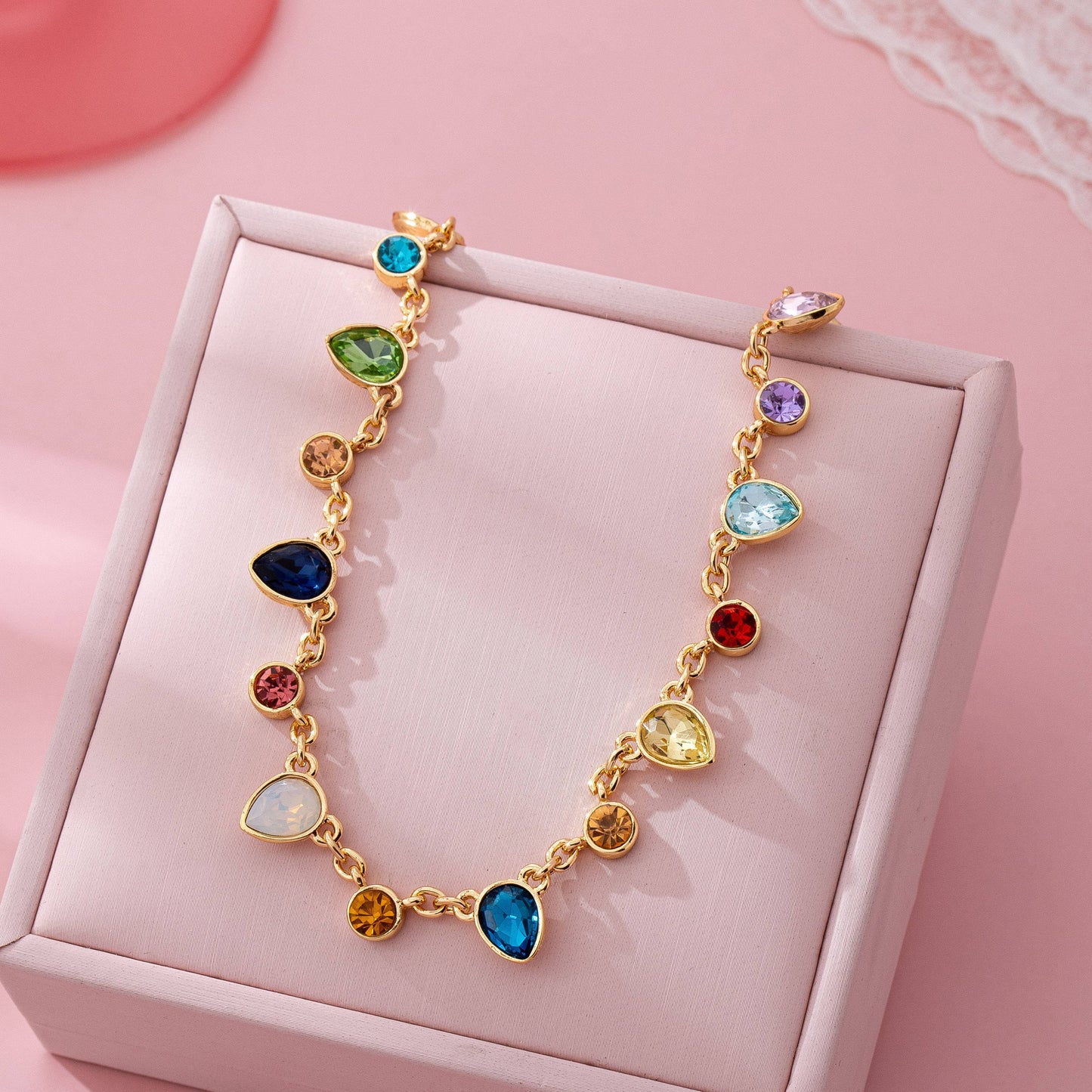 Rainbow Teardrop Gemstone Charm Necklace | 80N92832: Gold